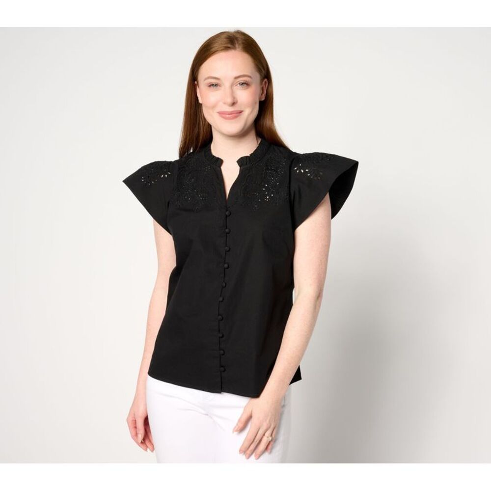 Top Knot Women's Sz XL Split Neckline Embroidered Blouse Black A644950